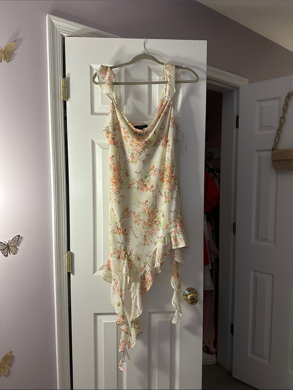 Forever 21 Cream Floral Asymmetrical Ruffle Hem Mini Dress with Cowl Neckline